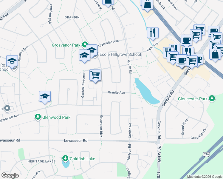 map of restaurants, bars, coffee shops, grocery stores, and more near 20 Granite Avenue in St. Albert
