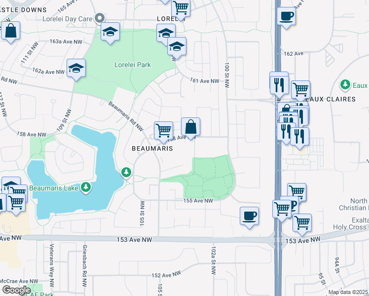 map of restaurants, bars, coffee shops, grocery stores, and more near 10308 158 Avenue Northwest in Edmonton