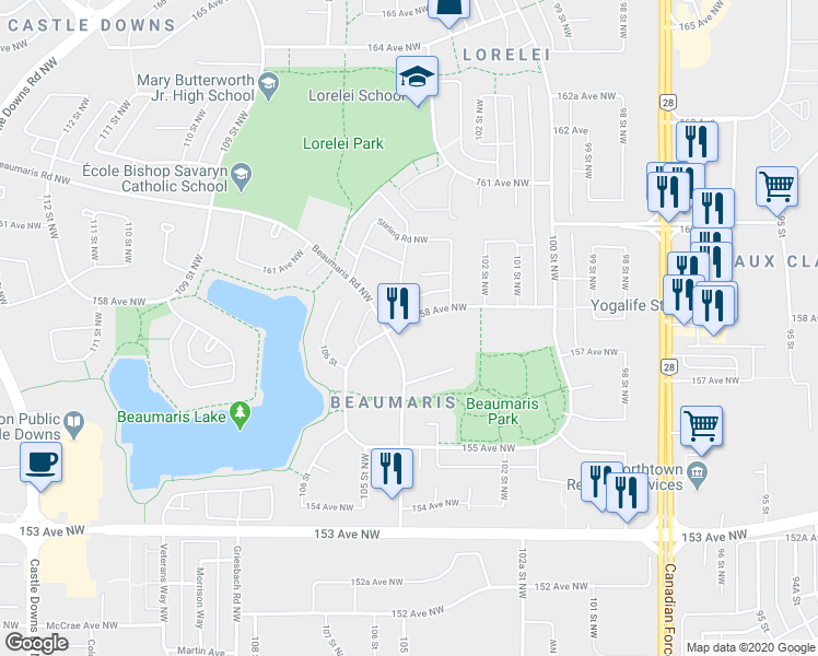 map of restaurants, bars, coffee shops, grocery stores, and more near 10411 158 Avenue Northwest in Edmonton
