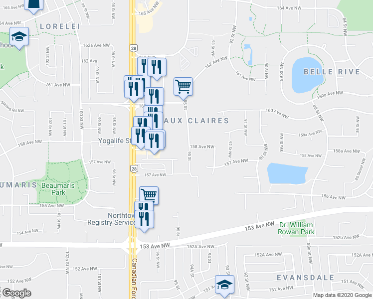 map of restaurants, bars, coffee shops, grocery stores, and more near 15740 95 Street in Edmonton