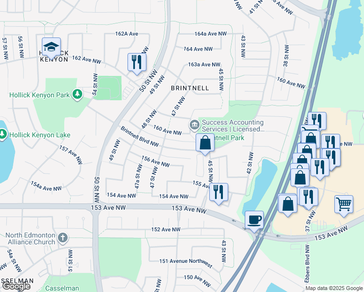 map of restaurants, bars, coffee shops, grocery stores, and more near 152 Brintnell Boulevard Northwest in Edmonton