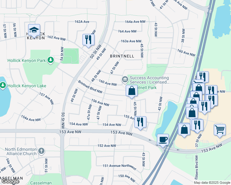 map of restaurants, bars, coffee shops, grocery stores, and more near 152 Brintnell Boulevard Northwest in Edmonton