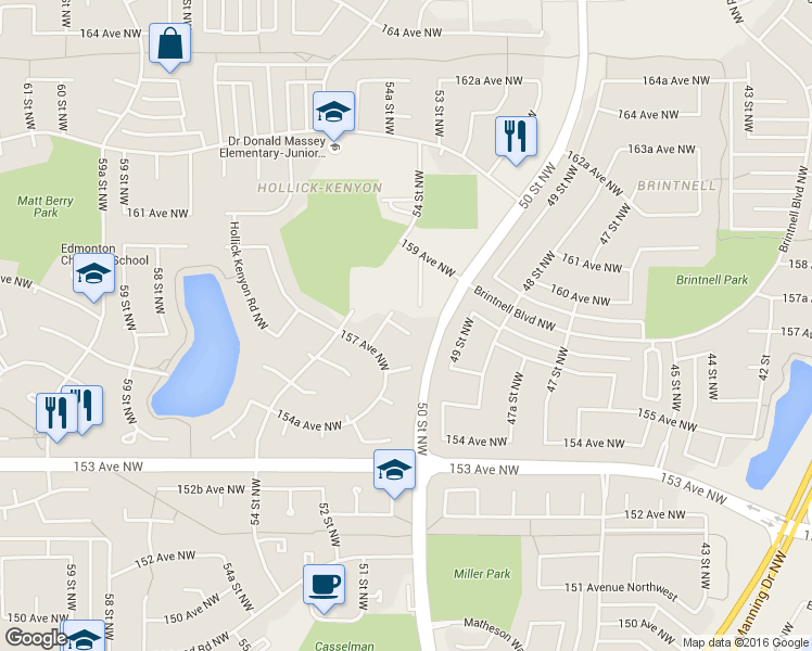 map of restaurants, bars, coffee shops, grocery stores, and more near 5230 157A Avenue Northwest in Edmonton