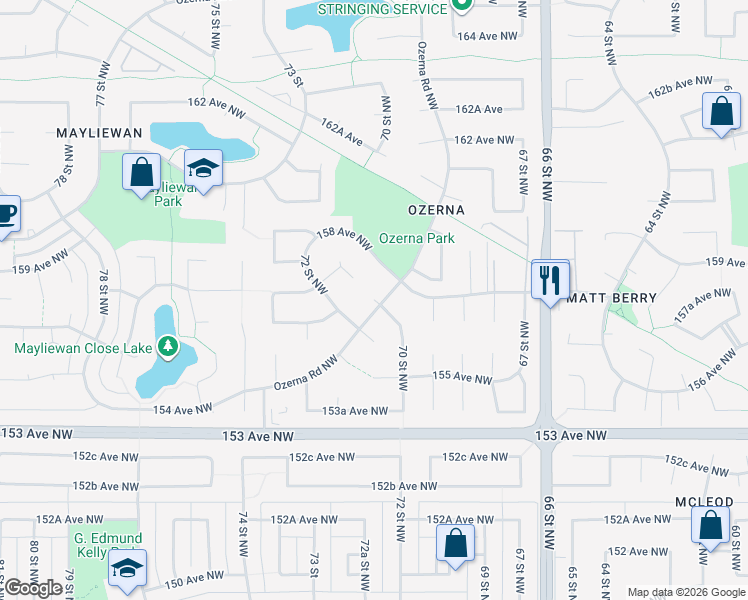 map of restaurants, bars, coffee shops, grocery stores, and more near Ozerna Road Northwest in Edmonton