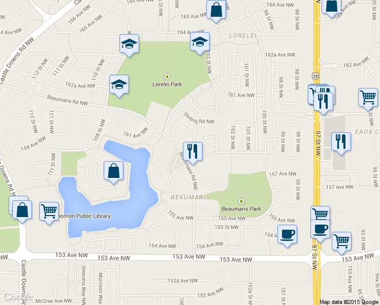 map of restaurants, bars, coffee shops, grocery stores, and more near 10411 158 Avenue Northwest in Edmonton