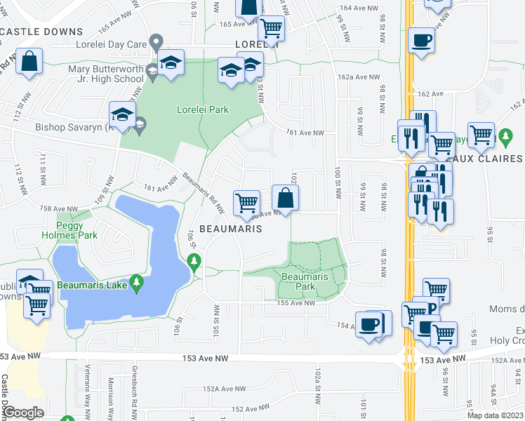 map of restaurants, bars, coffee shops, grocery stores, and more near 10308 158 Avenue Northwest in Edmonton