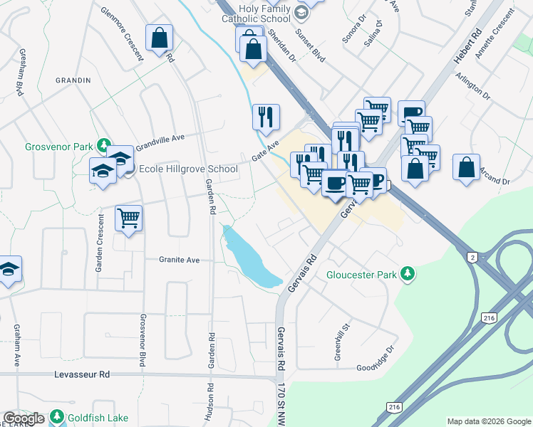 map of restaurants, bars, coffee shops, grocery stores, and more near 4 Grange Drive in St. Albert