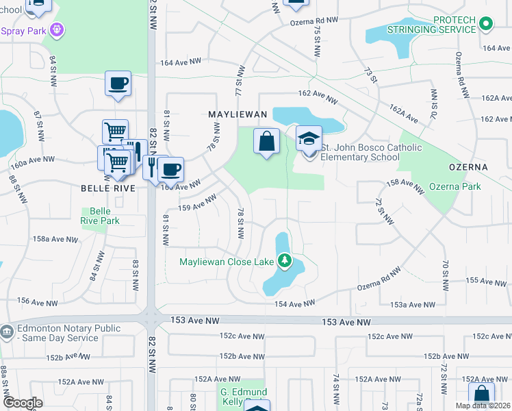 map of restaurants, bars, coffee shops, grocery stores, and more near 15825 78 Street Northwest in Edmonton