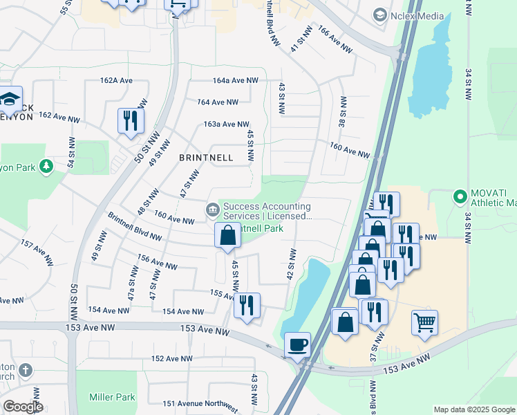 map of restaurants, bars, coffee shops, grocery stores, and more near 210 Brintnell Boulevard Northwest in Edmonton