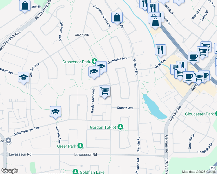 map of restaurants, bars, coffee shops, grocery stores, and more near 56 Grosvenor Boulevard in St. Albert
