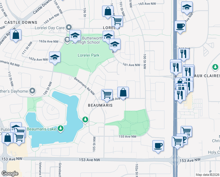 map of restaurants, bars, coffee shops, grocery stores, and more near 43 Stirling Road Northwest in Edmonton