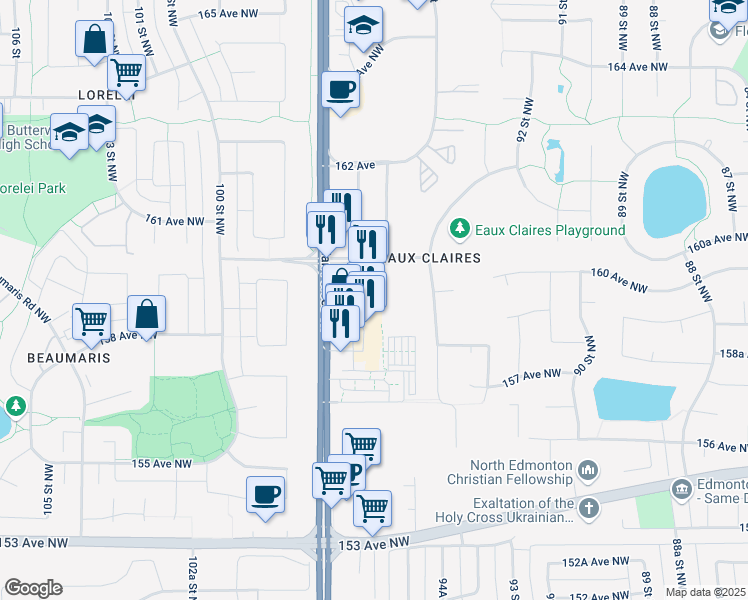 map of restaurants, bars, coffee shops, grocery stores, and more near 15969 97 Street Northwest in Edmonton