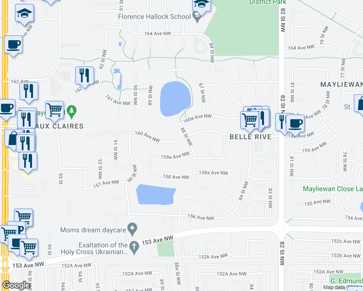 map of restaurants, bars, coffee shops, grocery stores, and more near 8811 160 Avenue Northwest in Edmonton