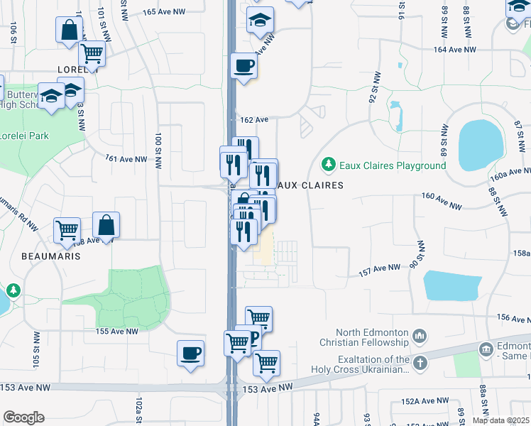 map of restaurants, bars, coffee shops, grocery stores, and more near 15969 97 Street Northwest in Edmonton