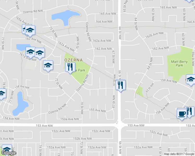 map of restaurants, bars, coffee shops, grocery stores, and more near 15826 67B Street Northwest in Edmonton