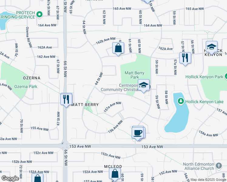 map of restaurants, bars, coffee shops, grocery stores, and more near 6208 159 Avenue Northwest in Edmonton