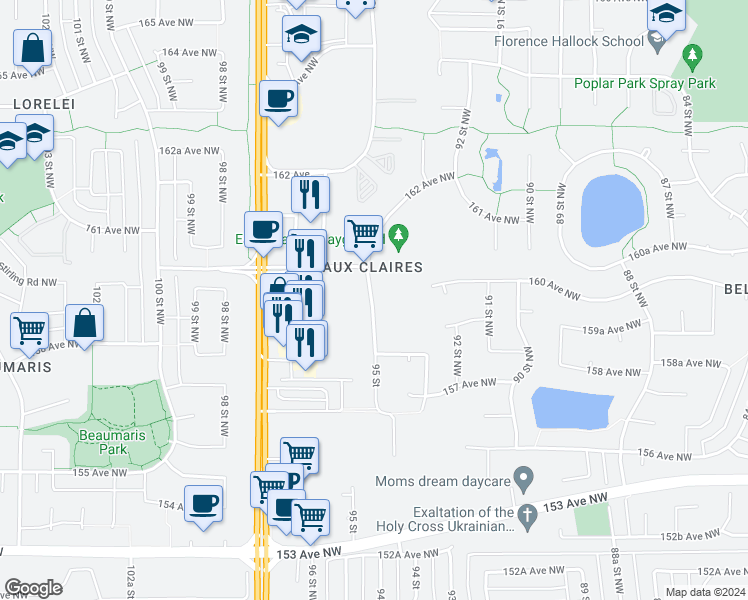 map of restaurants, bars, coffee shops, grocery stores, and more near 9405 160 Avenue Northwest in Edmonton