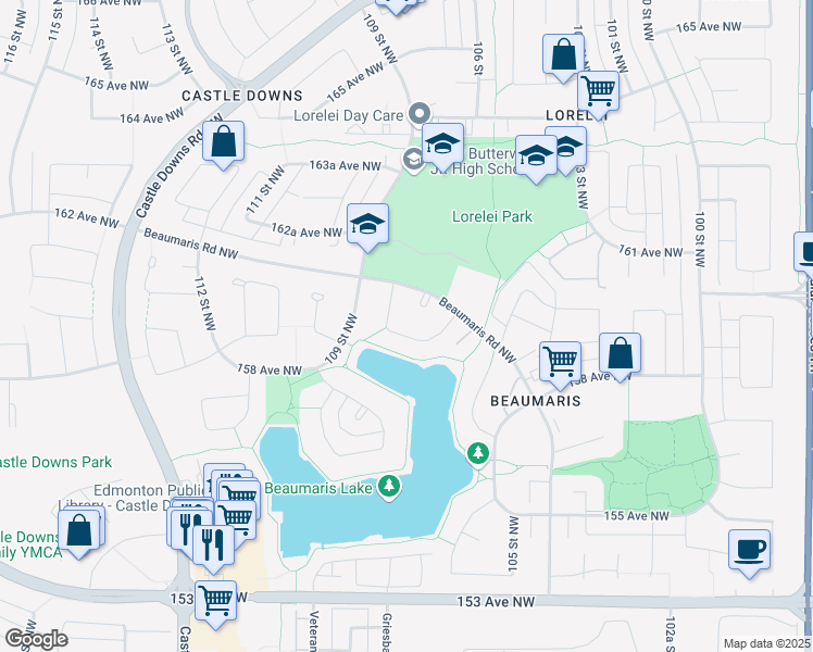map of restaurants, bars, coffee shops, grocery stores, and more near 10630 161 Avenue Northwest in Edmonton