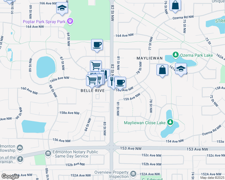 map of restaurants, bars, coffee shops, grocery stores, and more near 82 Street Northwest & 160 Avenue Northwest in Edmonton