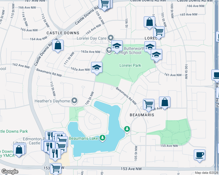 map of restaurants, bars, coffee shops, grocery stores, and more near 10630 161 Avenue Northwest in Edmonton