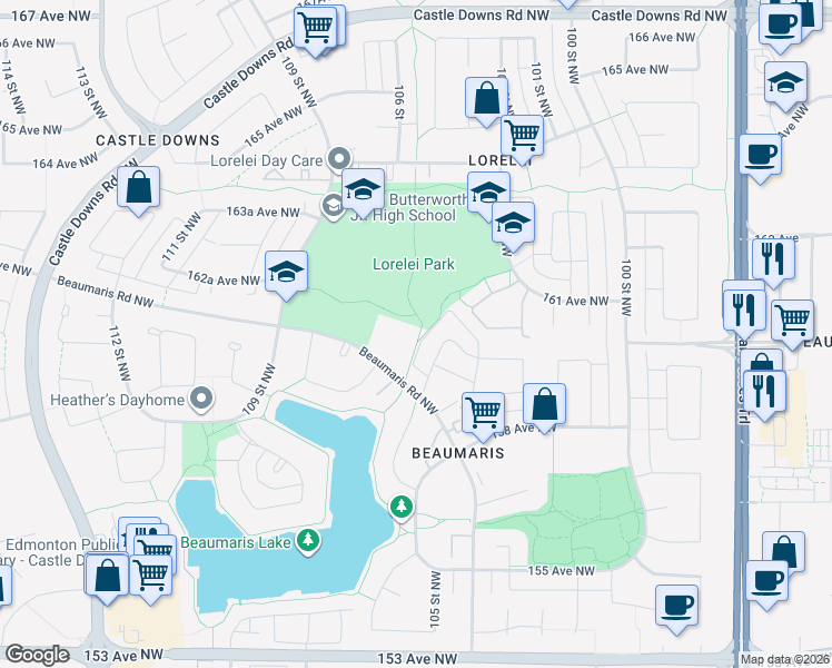 map of restaurants, bars, coffee shops, grocery stores, and more near 10674 Beaumaris Road Northwest in Edmonton