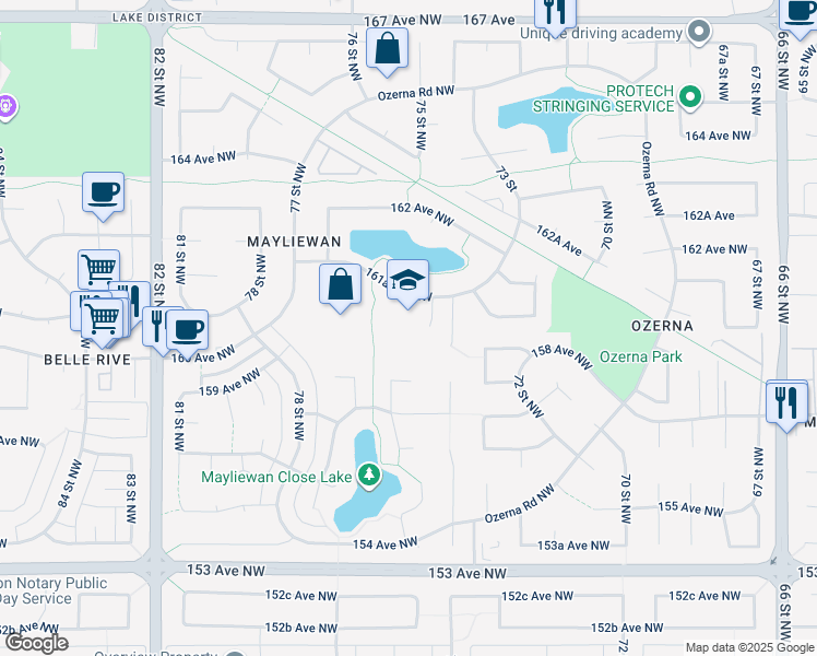 map of restaurants, bars, coffee shops, grocery stores, and more near 7411 161A Avenue Northwest in Edmonton