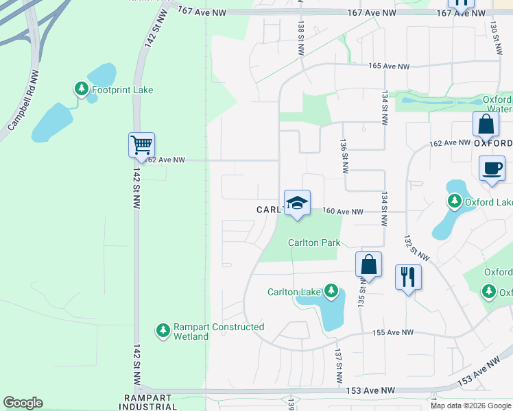 map of restaurants, bars, coffee shops, grocery stores, and more near 16111 140 Street Northwest in Edmonton