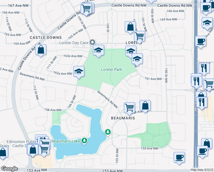 map of restaurants, bars, coffee shops, grocery stores, and more near 10674 Beaumaris Road Northwest in Edmonton