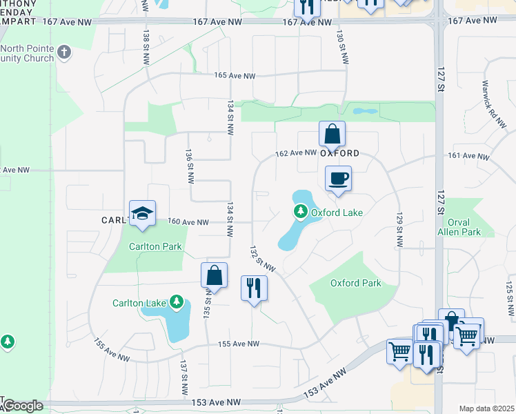map of restaurants, bars, coffee shops, grocery stores, and more near 16021 132 Street Northwest in Edmonton