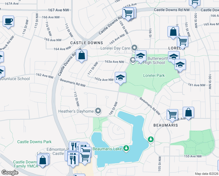 map of restaurants, bars, coffee shops, grocery stores, and more near 10930 Beaumaris Road Northwest in Edmonton