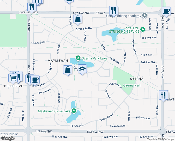 map of restaurants, bars, coffee shops, grocery stores, and more near 7411 161A Avenue Northwest in Edmonton