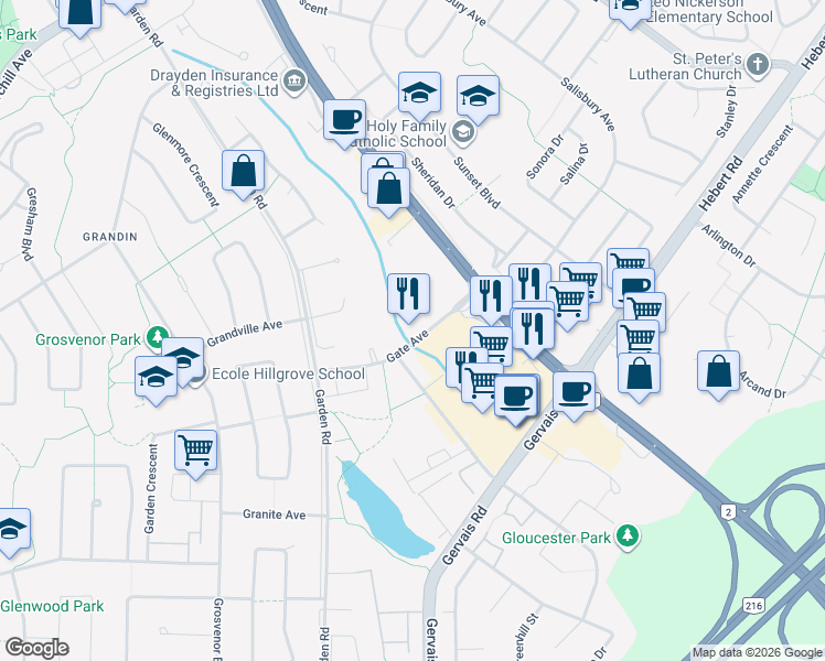 map of restaurants, bars, coffee shops, grocery stores, and more near 5 Gate Avenue in St. Albert