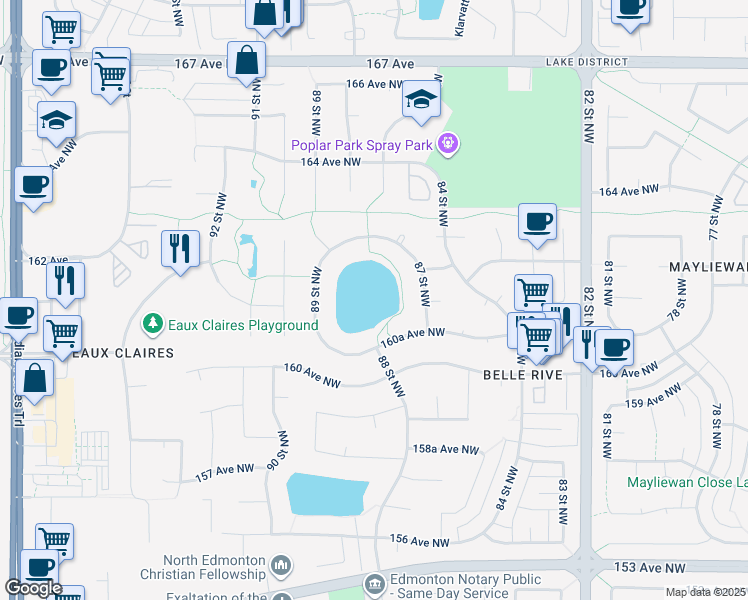 map of restaurants, bars, coffee shops, grocery stores, and more near 8728 160A Avenue Northwest in Edmonton