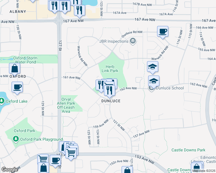 map of restaurants, bars, coffee shops, grocery stores, and more near 16186 121 Street Northwest in Edmonton