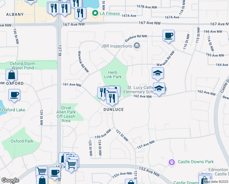 map of restaurants, bars, coffee shops, grocery stores, and more near 16190 121 Street Northwest in Edmonton