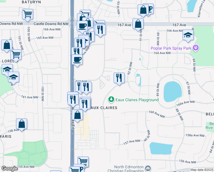 map of restaurants, bars, coffee shops, grocery stores, and more near 9525 162 Avenue in Edmonton
