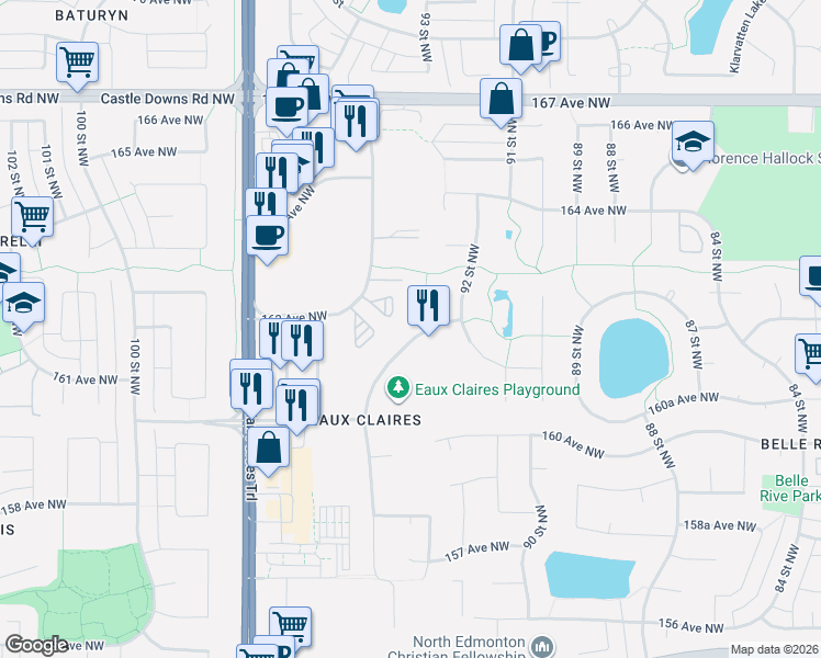 map of restaurants, bars, coffee shops, grocery stores, and more near 9316 162 Avenue Northwest in Edmonton