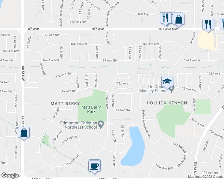 map of restaurants, bars, coffee shops, grocery stores, and more near 5904 162 Avenue Northwest in Edmonton