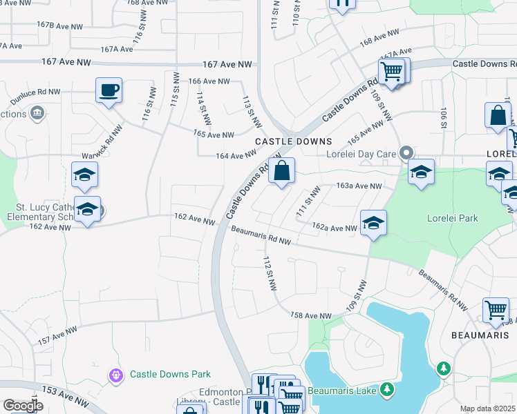 map of restaurants, bars, coffee shops, grocery stores, and more near 11216 162A Avenue Northwest in Edmonton