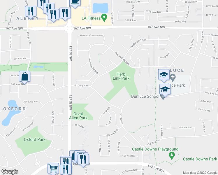 map of restaurants, bars, coffee shops, grocery stores, and more near 12416 161 Avenue Northwest in Edmonton