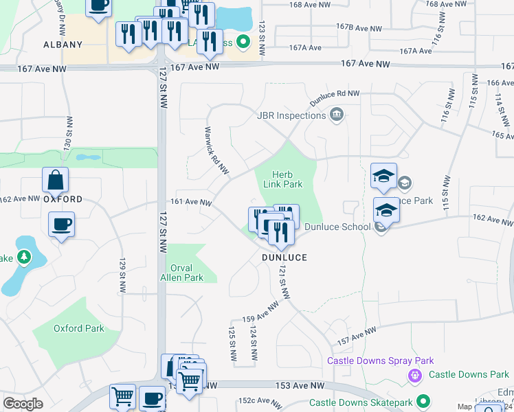 map of restaurants, bars, coffee shops, grocery stores, and more near 12416 161 Avenue Northwest in Edmonton