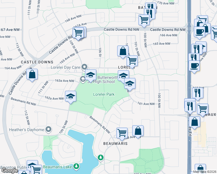 map of restaurants, bars, coffee shops, grocery stores, and more near 16240 103 Street Northwest in Edmonton