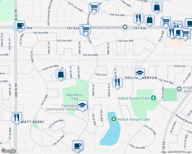 map of restaurants, bars, coffee shops, grocery stores, and more near 5904 162 Avenue Northwest in Edmonton