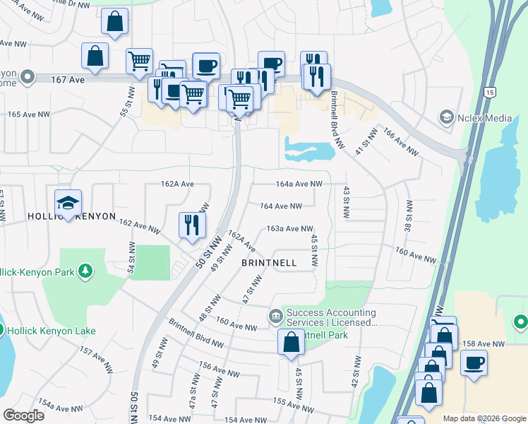 map of restaurants, bars, coffee shops, grocery stores, and more near 4803 164 Avenue Northwest in Edmonton