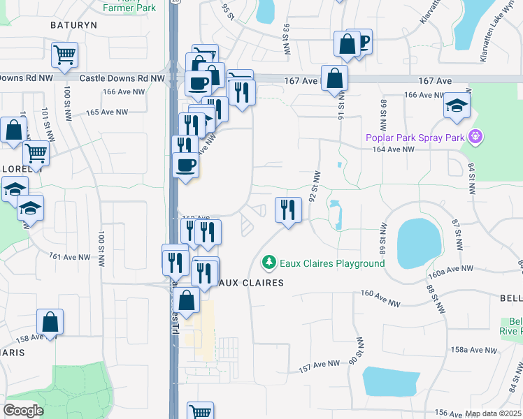 map of restaurants, bars, coffee shops, grocery stores, and more near 9525 162 Avenue in Edmonton
