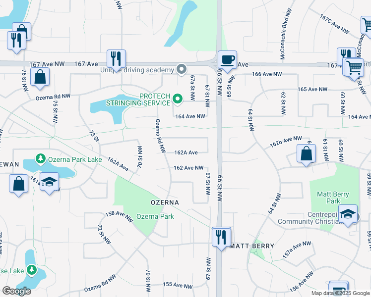 map of restaurants, bars, coffee shops, grocery stores, and more near 6734 162A Avenue Northwest in Edmonton