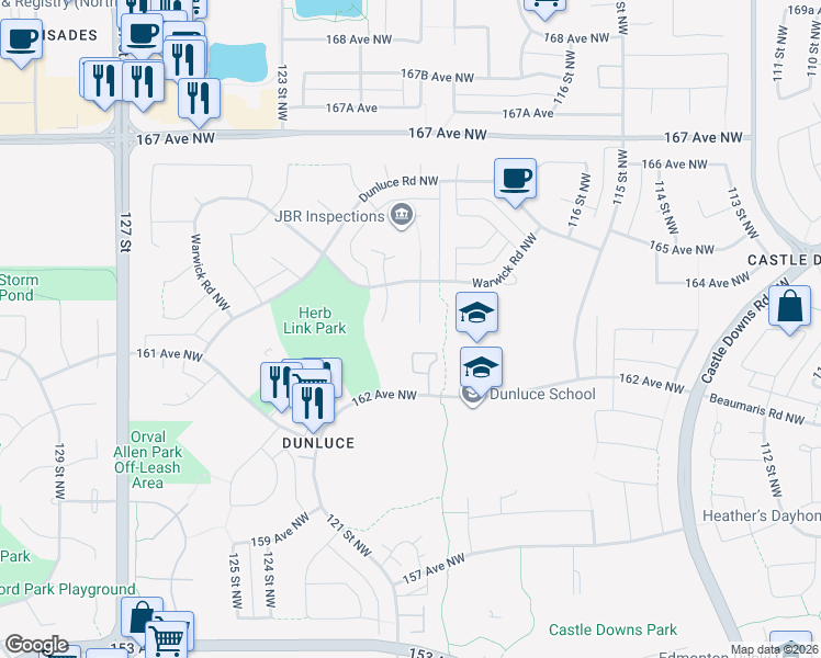 map of restaurants, bars, coffee shops, grocery stores, and more near 143 Warwick Road Northwest in Edmonton