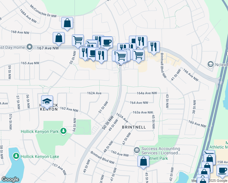 map of restaurants, bars, coffee shops, grocery stores, and more near 16418 49 Street Northwest in Edmonton