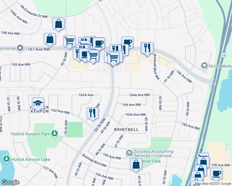 map of restaurants, bars, coffee shops, grocery stores, and more near 16418 49 Street Northwest in Edmonton
