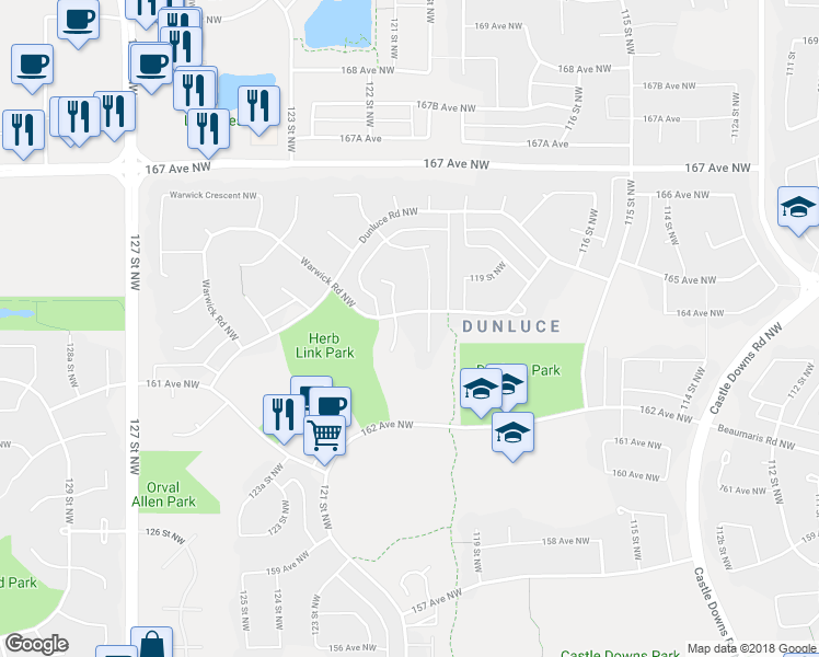 map of restaurants, bars, coffee shops, grocery stores, and more near 143 Warwick Road Northwest in Edmonton